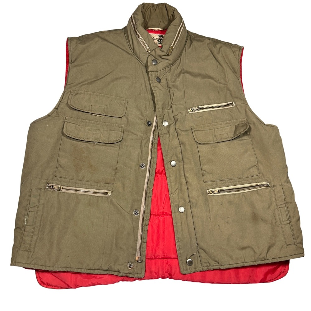 VTG 70s Sears Fieldmaster Mens XL Utility Vest Olive Green Red Quilted Lining